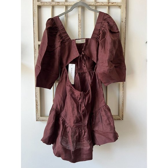 NWT Shona Joy Marlene Linen Open Back Mini Dress in Chocolate - Picture 5 of 9